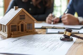 Couple reviewing tax documents with a lawyer in an office setting.