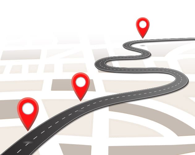 Winding road with 3 location pins